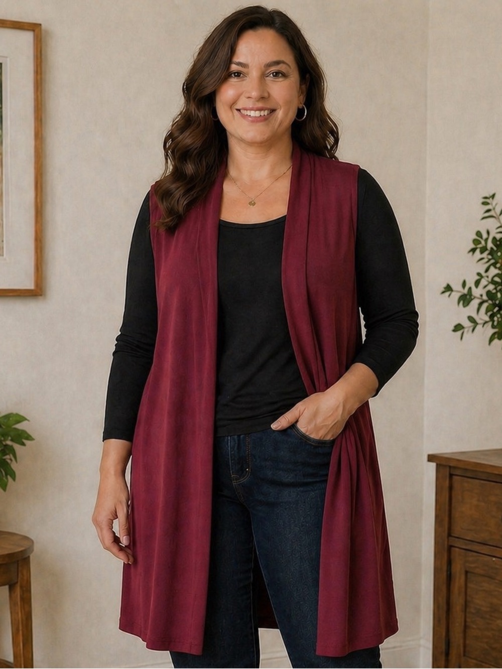 LIKE NEW Susan Graver Liquid Knit Burgundy VEST topper M